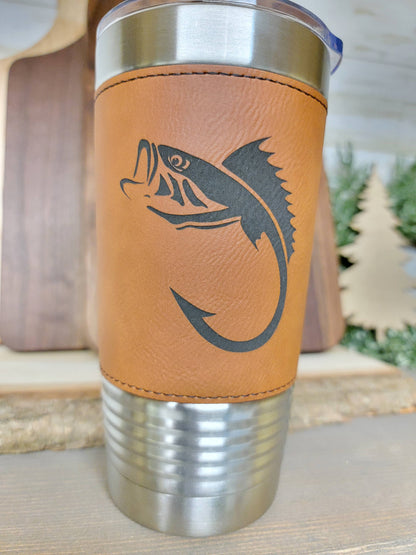 Fishing Leather Tumbler. Bass and Hook Fishing Engraved Cup.: Rawhide