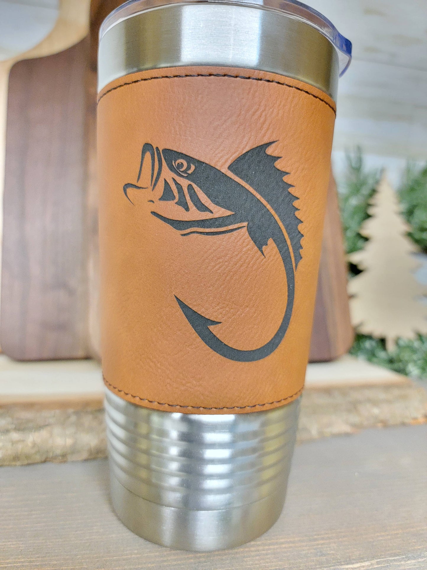 Fishing Leather Tumbler. Bass and Hook Fishing Engraved Cup.: Pink