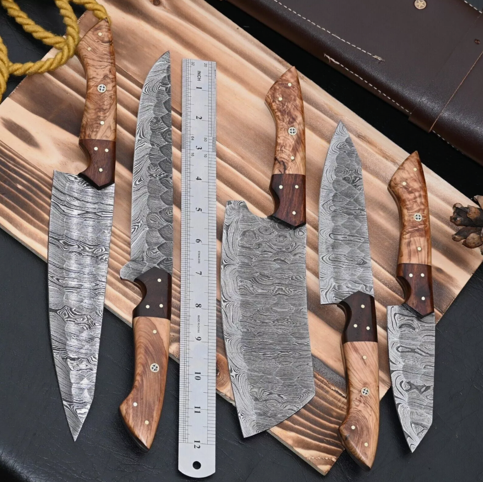 Damascus Steel Chef Set Hand Forged 5 Pcs BBQ Kitchen Knives
