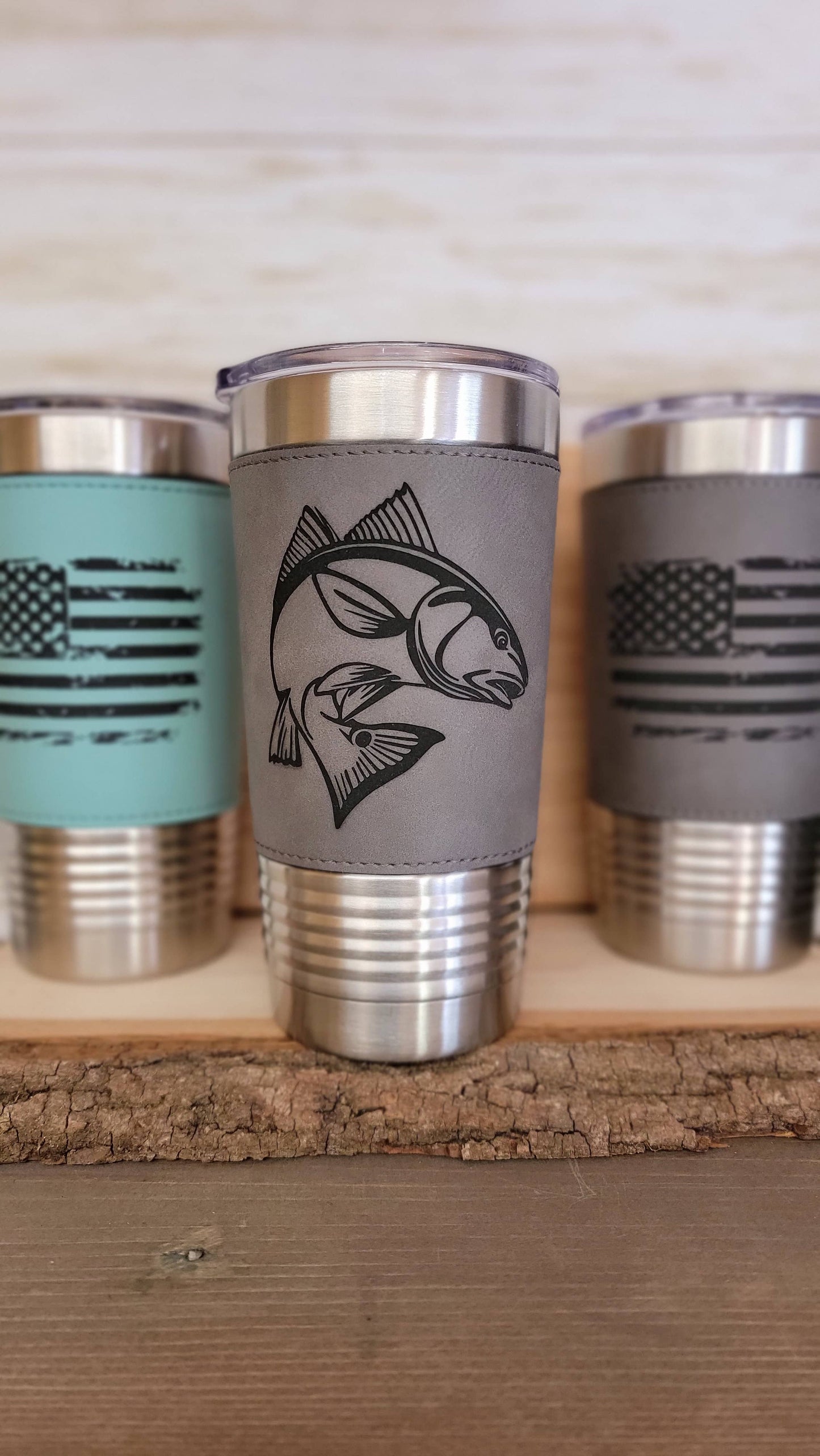 Fishing Leather Tumbler. Redfish Fishing Engraved Cup.: Dark Brown