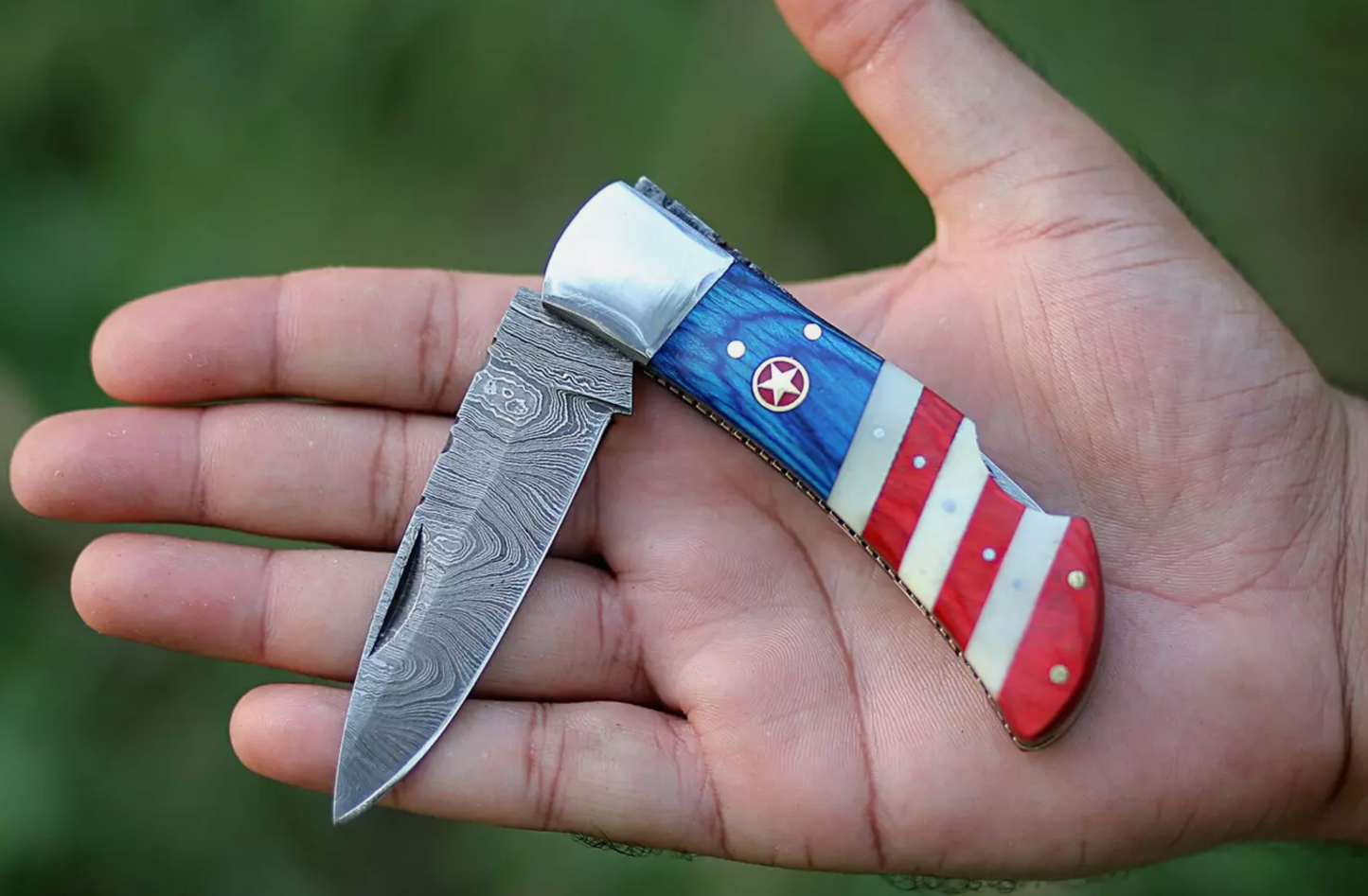 Handmade American Flag Folding Pocket Knife Damascus Steel
