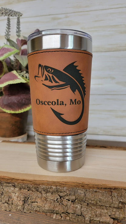 Fishing Leather Tumbler. Bass and Hook Fishing Engraved Cup.: Rawhide