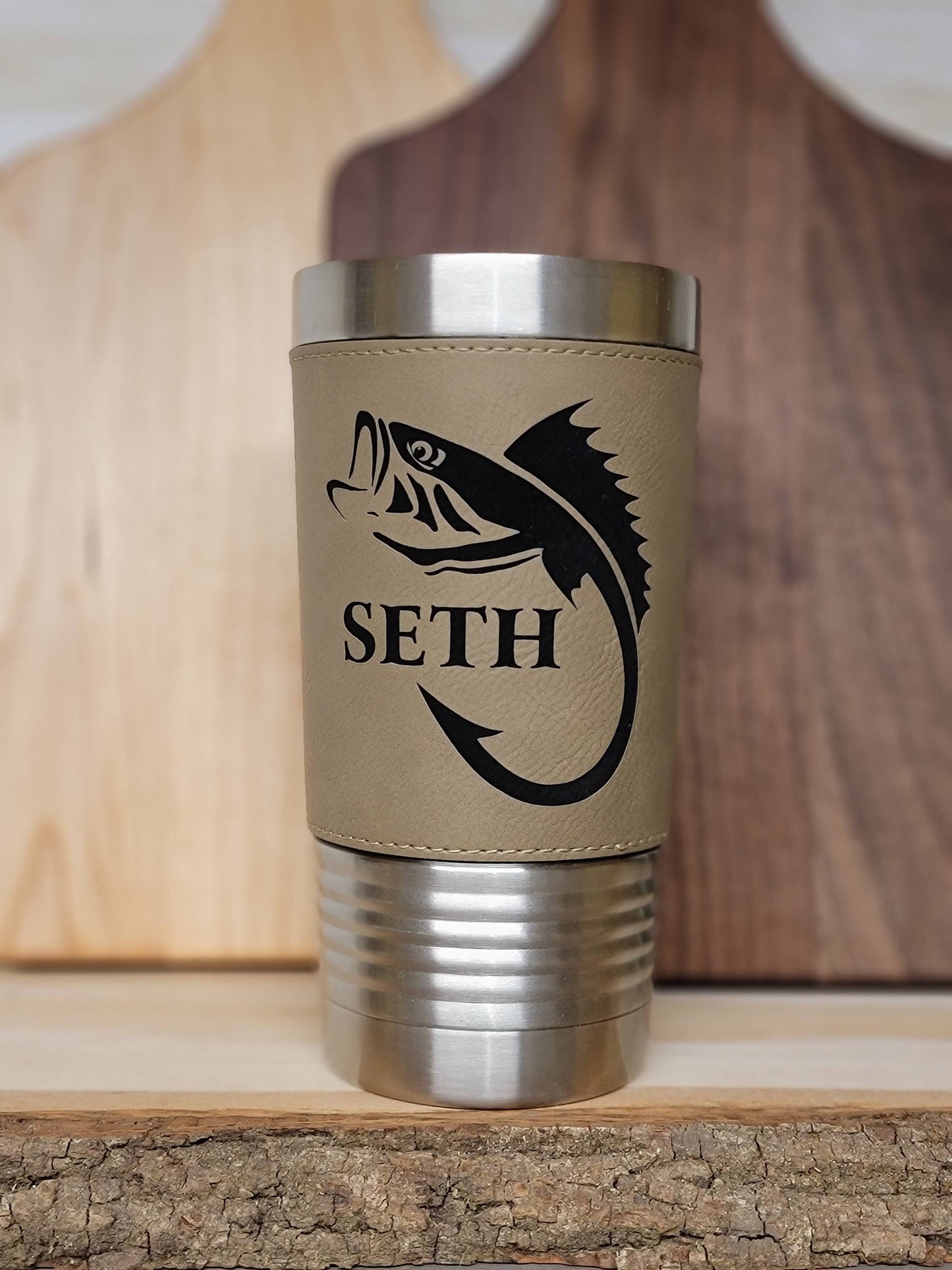 Fishing Leather Tumbler. Bass and Hook Fishing Engraved Cup.: Teal