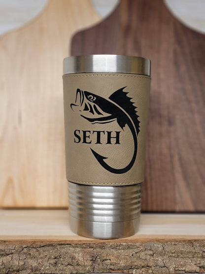 Fishing Leather Tumbler. Bass and Hook Fishing Engraved Cup.: Rawhide