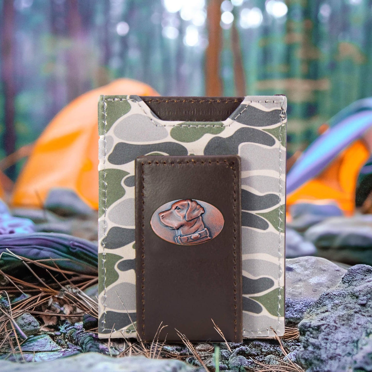 Lab Men's Magnetic Front Pocket Old School Camo Leather Wallet.: Brown/Tan Camo