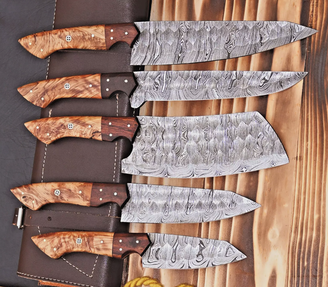 Damascus Steel Chef Set Hand Forged 5 Pcs BBQ Kitchen Knives