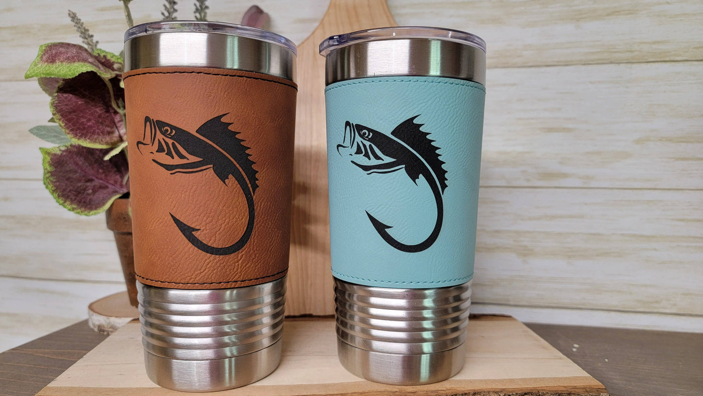 Fishing Leather Tumbler. Bass and Hook Fishing Engraved Cup.: Rawhide