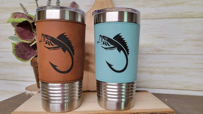 Fishing Leather Tumbler. Bass and Hook Fishing Engraved Cup.: Pink