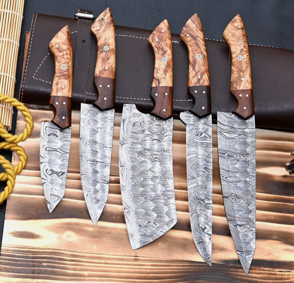 Damascus Steel Chef Set Hand Forged 5 Pcs BBQ Kitchen Knives