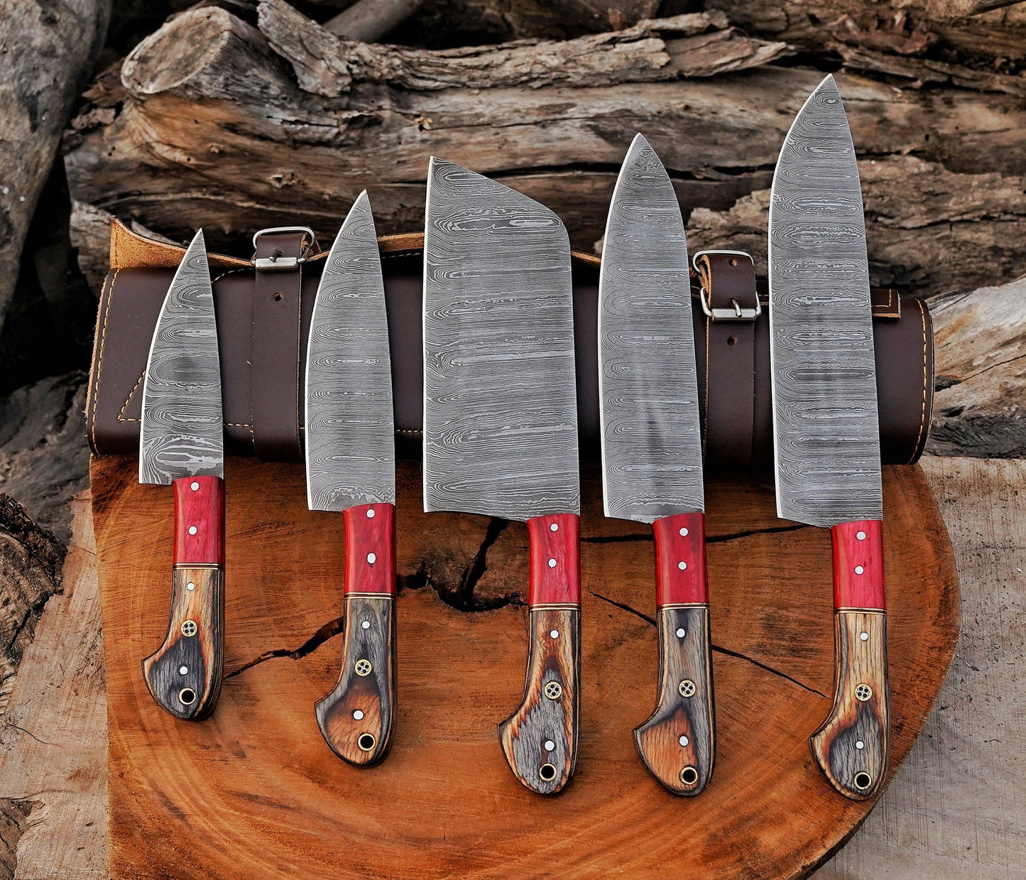 5 Pcs Damascus Steel Chef Set Handmade BBQ Kitchen Knives.
