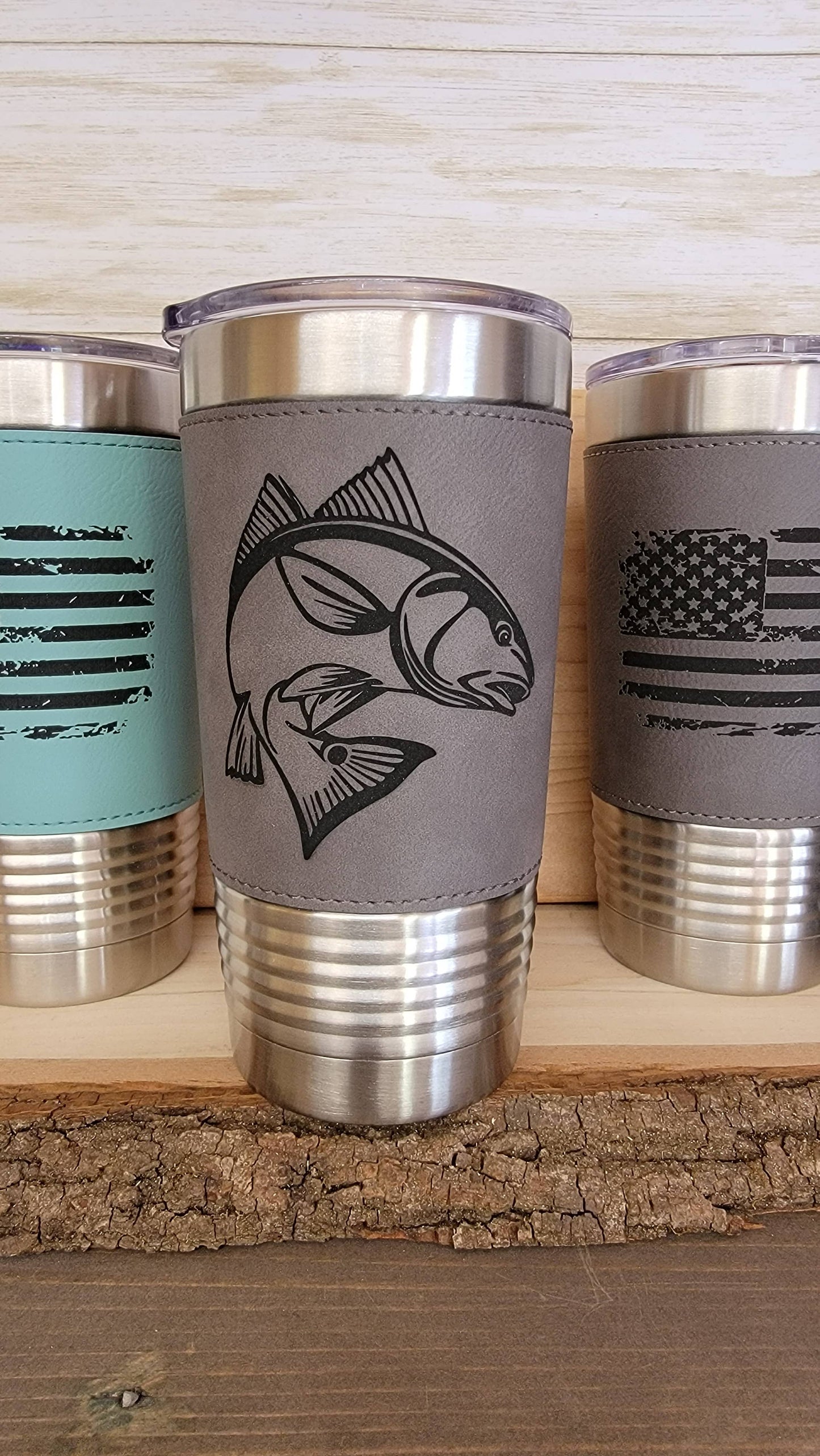 Fishing Leather Tumbler. Redfish Fishing Engraved Cup.: Dark Brown