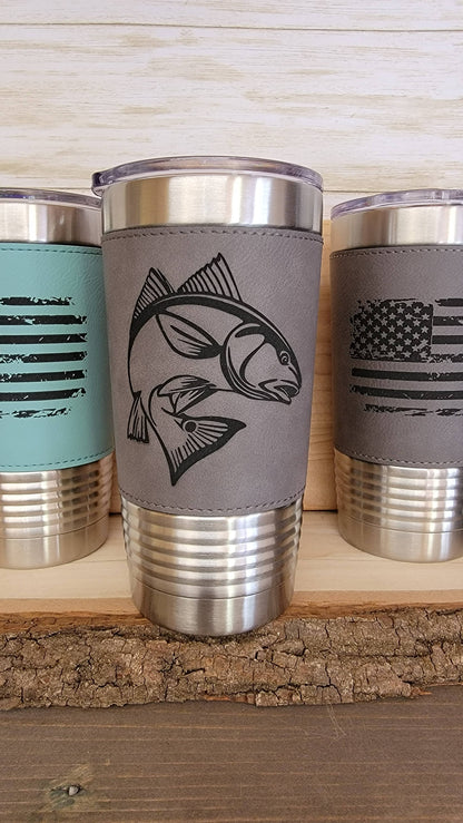 Fishing Leather Tumbler. Redfish Fishing Engraved Cup.: Dark Brown