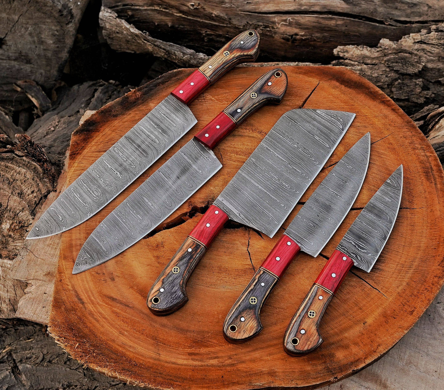 5 Pcs Damascus Steel Chef Set Handmade BBQ Kitchen Knives.