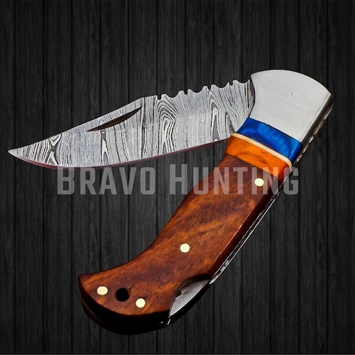 6.5" Damascus Steel Folding Pocket Knife Handmade Sheath