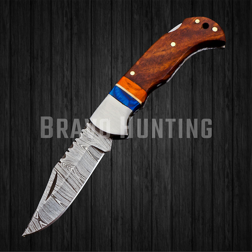 6.5" Damascus Steel Folding Pocket Knife Handmade Sheath