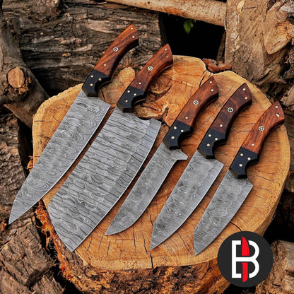 Damascus Steel Chef Set Hand Forged BBQ 5 Pcs Kitchen Knives