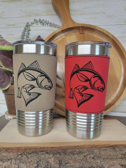 Fishing Leather Tumbler. Redfish Fishing Engraved Cup.: Dark Brown