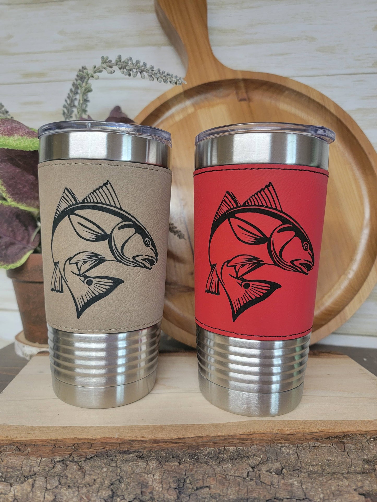 Fishing Leather Tumbler. Redfish Fishing Engraved Cup.: Rawhide