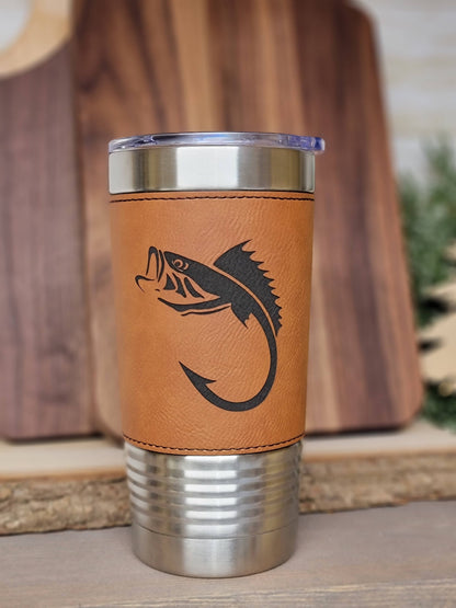 Fishing Leather Tumbler. Bass and Hook Fishing Engraved Cup.: Rawhide