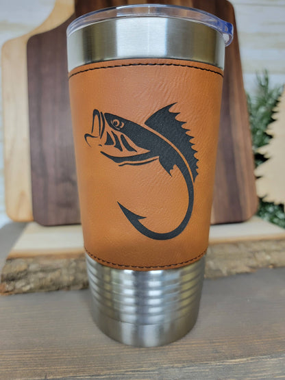 Fishing Leather Tumbler. Bass and Hook Fishing Engraved Cup.: Teal