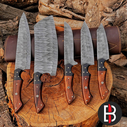 Damascus Steel Chef Set Hand Forged BBQ 5 Pcs Kitchen Knives