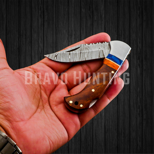 6.5" Damascus Steel Folding Pocket Knife Handmade Sheath