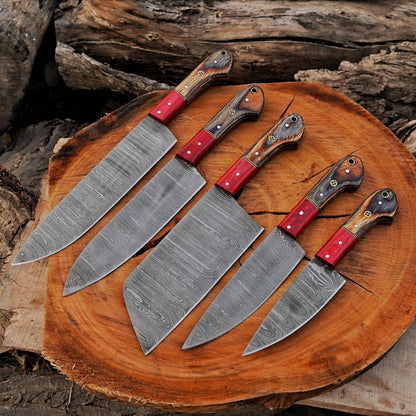 5 Pcs Damascus Steel Chef Set Handmade BBQ Kitchen Knives.